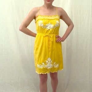 Yellow Hacienda Dress w/ White Floral Embroidery